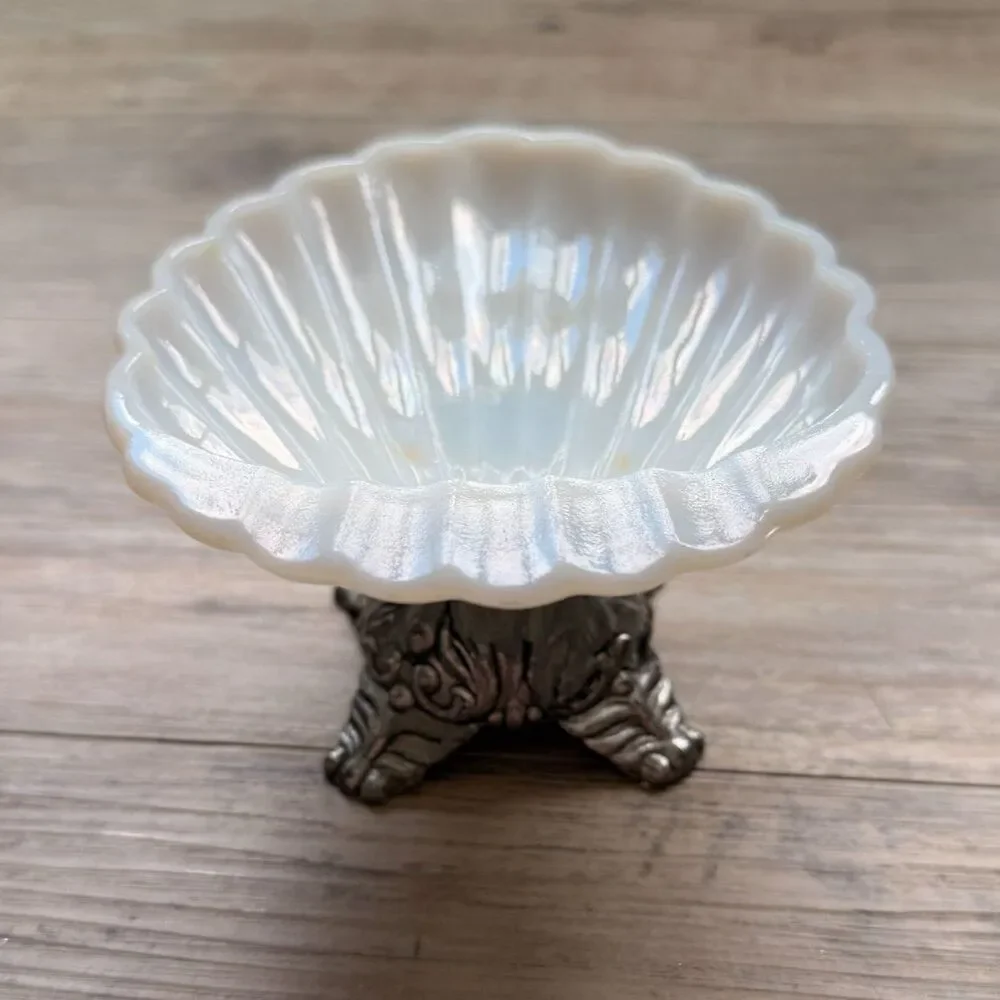 Vintage Milk Glass Shell Dish Pedestal Soap Dish Coastal Cottage Jewelry Trinket